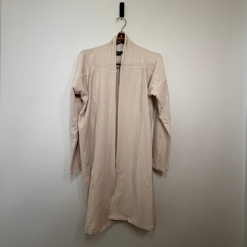 Mono B Cream L Athleisure Fleece Open Front Cardigan Longline Jacket Pockets